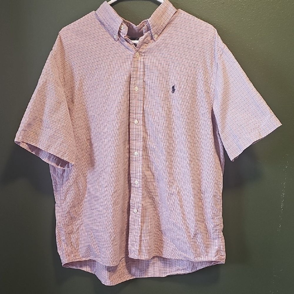 Ralph Lauren Monroe Shirt XL Orange Blue Plaid Short Sleeve Preppy Button Down